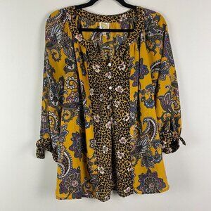 Fig and Flower Yellow Floral Blouse Size 2X Popover 3/4 Sleeves Split Neck